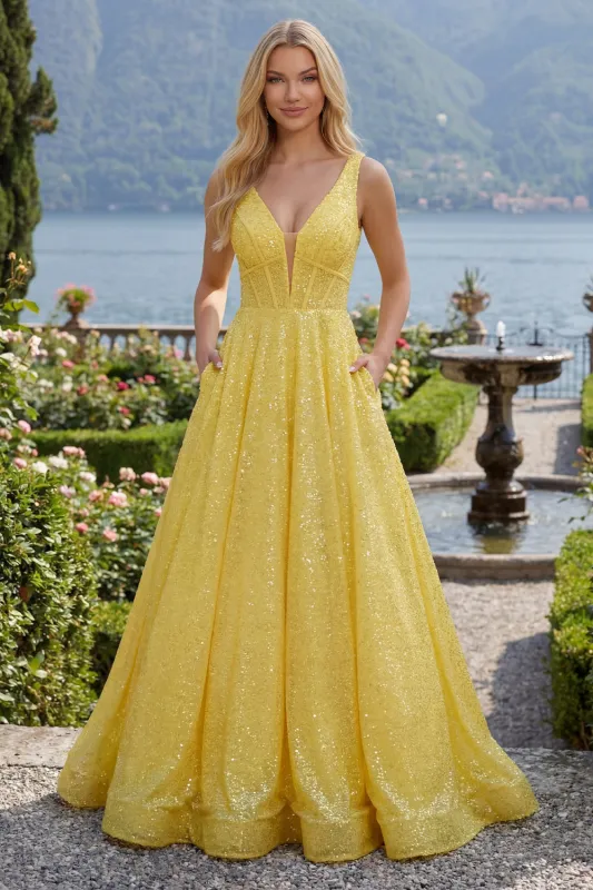 Sparkly Yellow A-Line Corset V-Neck Sequins Long Prom Dress with Pockets made by Zapaka