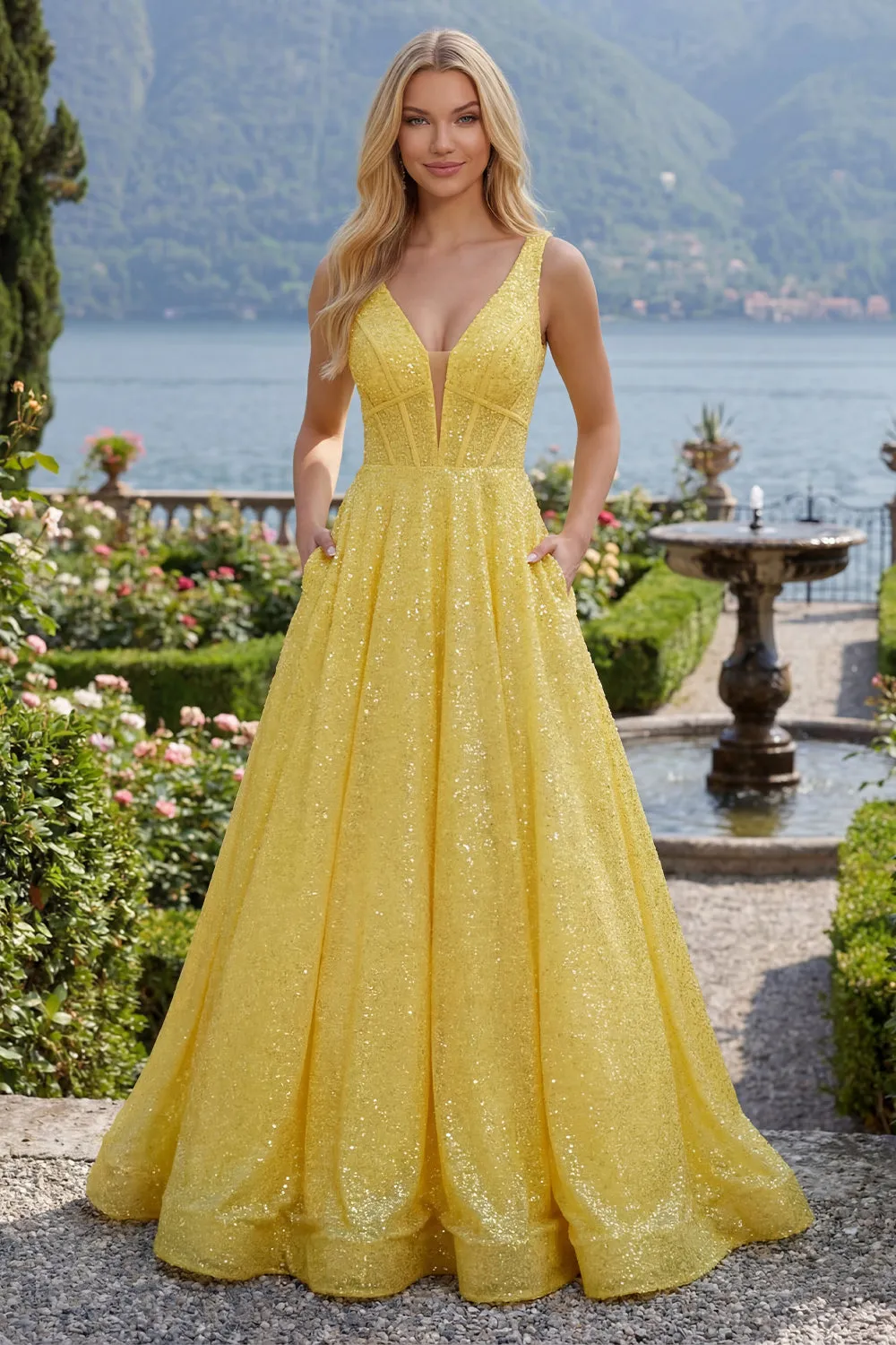 Sparkly Yellow A-Line Corset V-Neck Sequins Long Prom Dress with Pockets sold by Zapaka