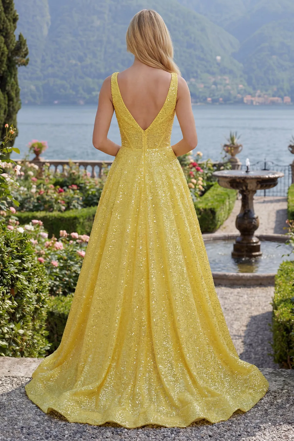 Sparkly Yellow A-Line Corset V-Neck Sequins Long Prom Dress with Pockets sold by Zapaka product image thumbnail 2