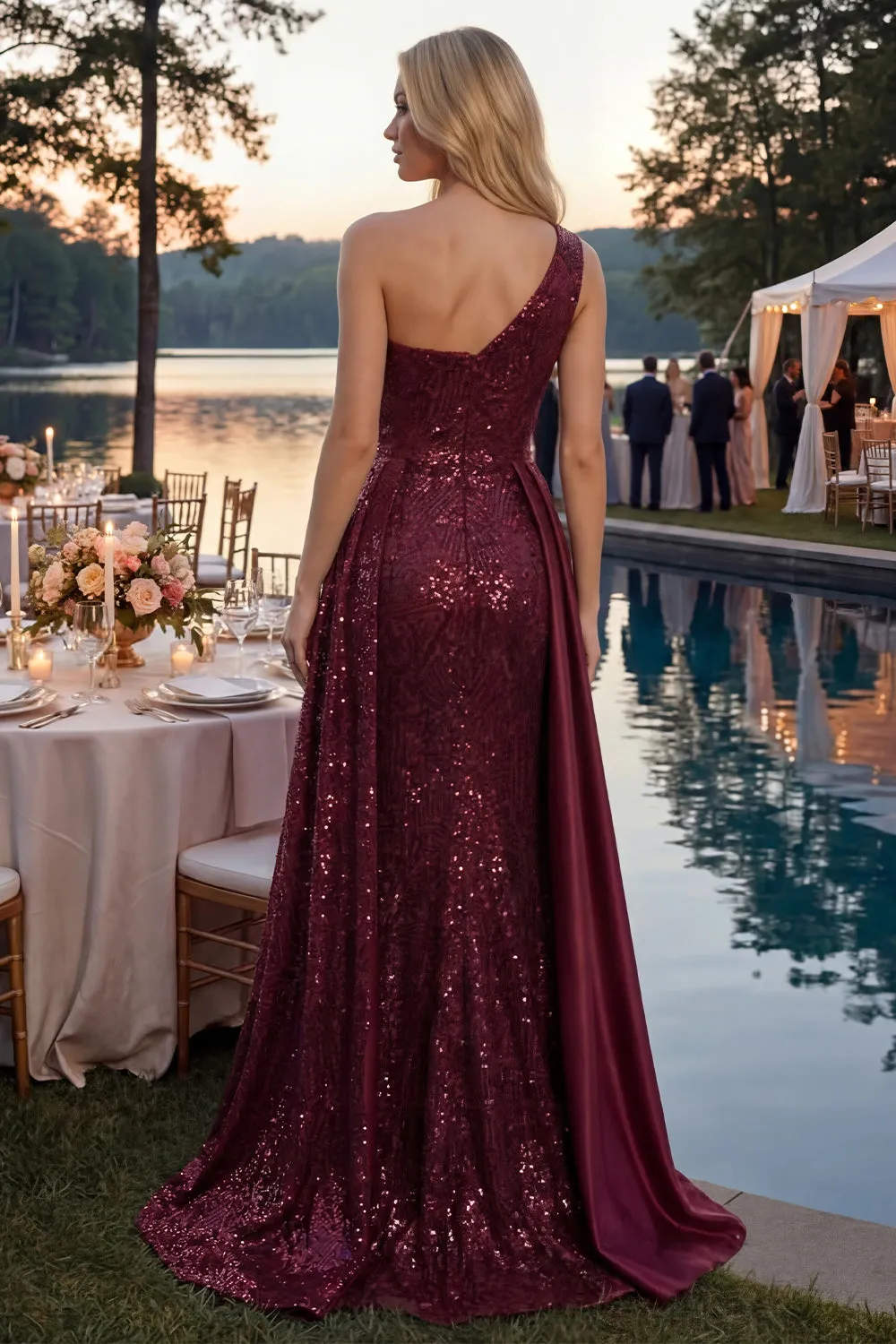 Sparkly Burgundy A-Line One Shoulder Sequins Long Prom Dress with Slit sold by Zapaka product image thumbnail 3