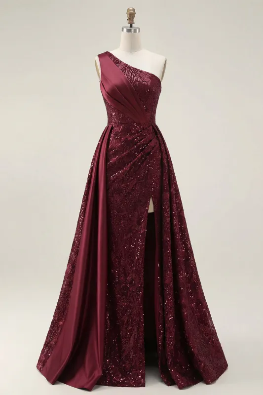 Sparkly Burgundy A-Line One Shoulder Sequins Long Prom Dress with Slit made by Zapaka