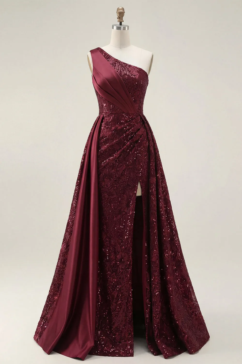 Sparkly Burgundy A-Line One Shoulder Sequins Long Prom Dress with Slit sold by Zapaka