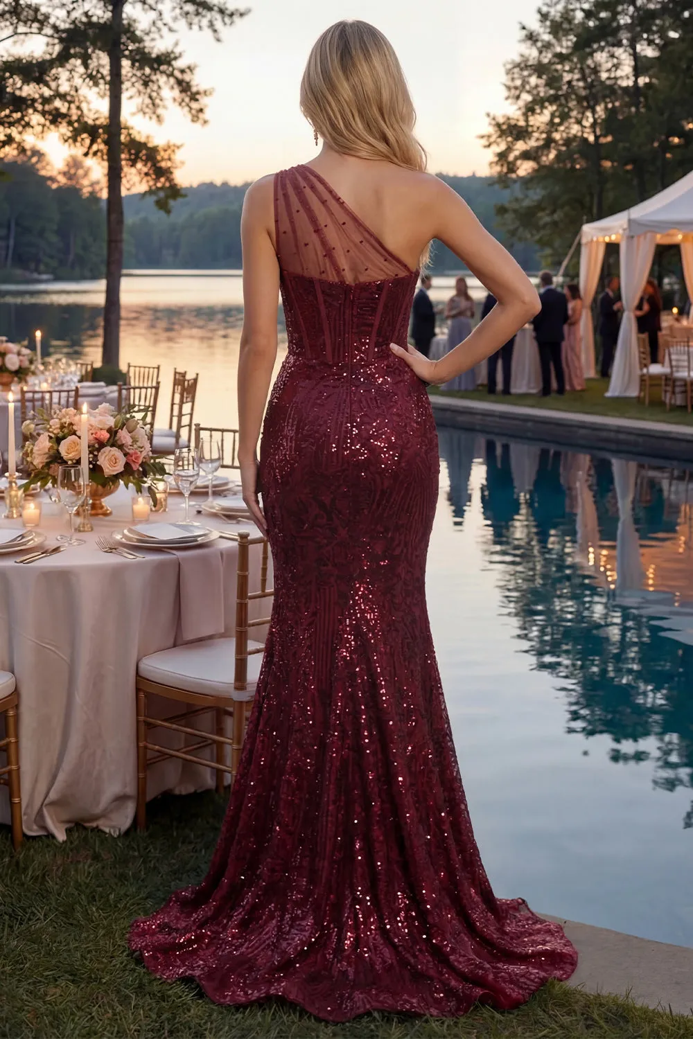 Sparkly Burgundy Sequins Mermaid One Shoulder Long Prom Dress with Slit sold by Zapaka product image thumbnail 3