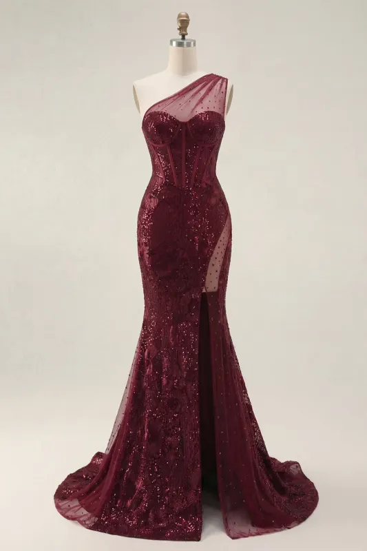 Sparkly Burgundy Sequins Mermaid One Shoulder Long Prom Dress with Slit made by Zapaka