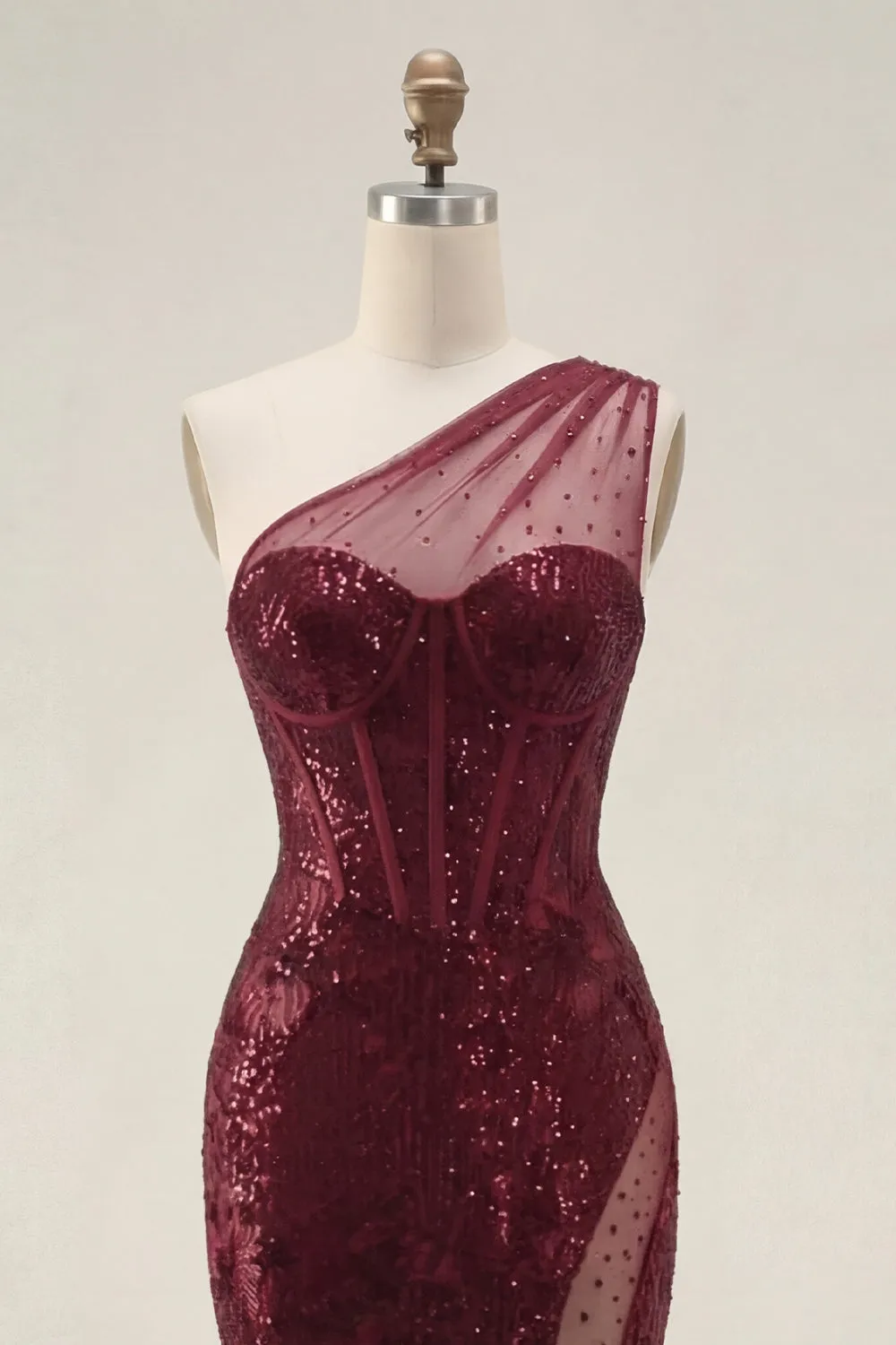 Sparkly Burgundy Sequins Mermaid One Shoulder Long Prom Dress with Slit sold by Zapaka product image thumbnail 5
