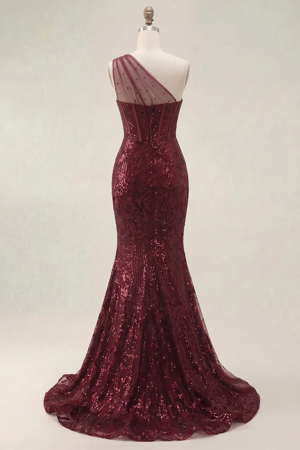 Sparkly Burgundy Sequins Mermaid One Shoulder Long Prom Dress with Slit sold by Zapaka product image thumbnail 4