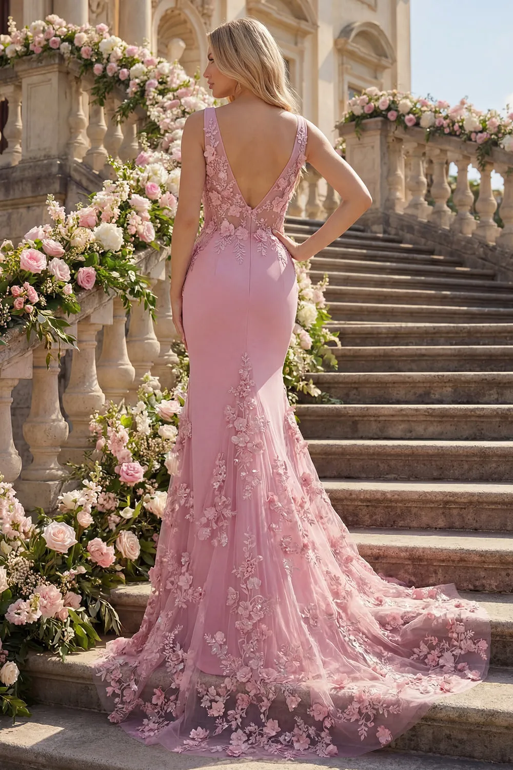 Mermaid Taro V-Neck Ruched Long Prom Dress with Appliqued 3D Flowers sold by Zapaka product image thumbnail 4