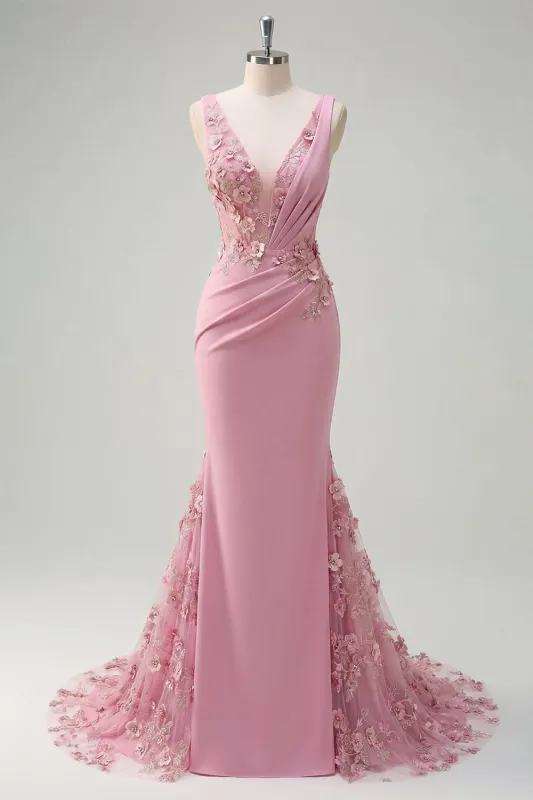 Mermaid Taro V-Neck Ruched Long Prom Dress with Appliqued 3D Flowers made by Zapaka