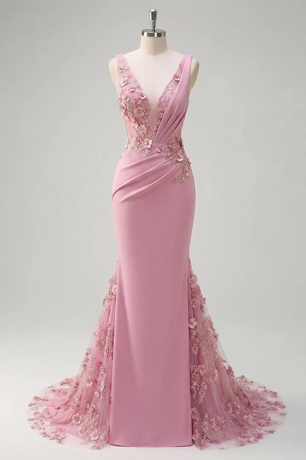 Mermaid Taro V-Neck Ruched Long Prom Dress with Appliqued 3D Flowers sold by Zapaka