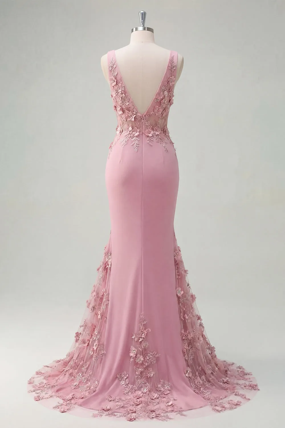 Mermaid Taro V-Neck Ruched Long Prom Dress with Appliqued 3D Flowers sold by Zapaka product image thumbnail 2