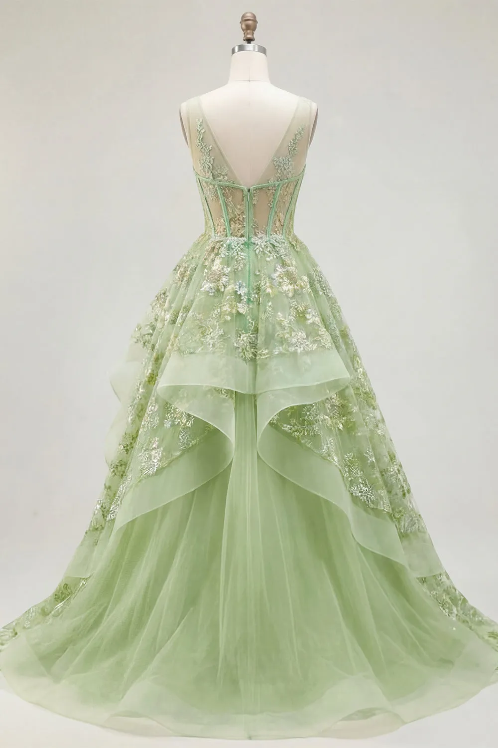 Green A-Line Corset V-Neck Appliqued Long Prom Dress with Ruffles sold by Zapaka product image thumbnail 2