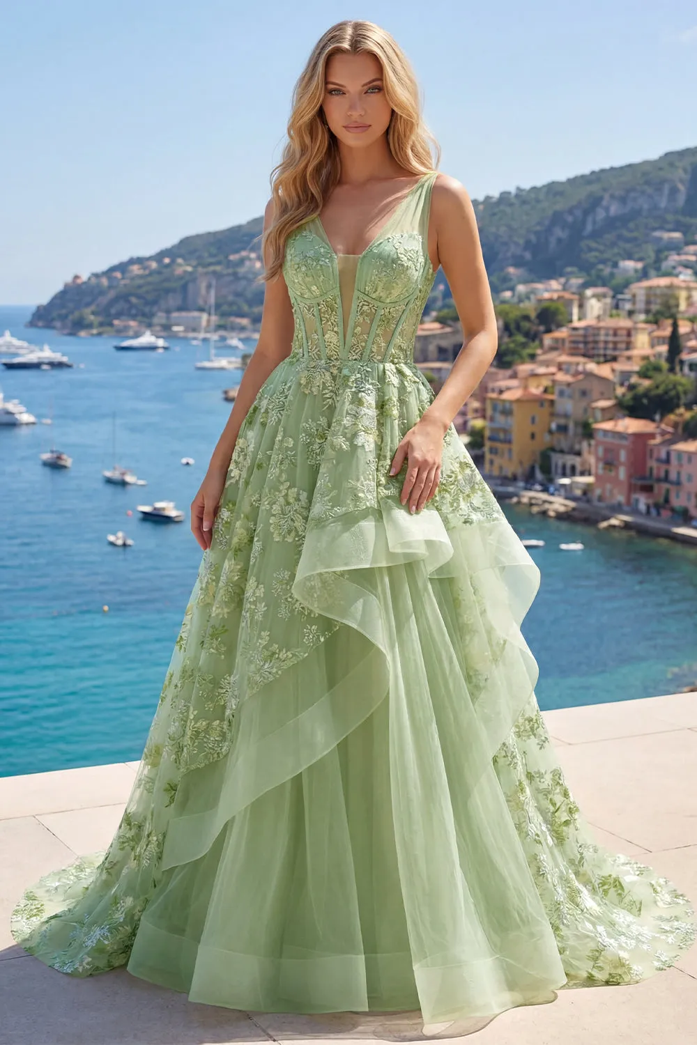 Green A-Line Corset V-Neck Appliqued Long Prom Dress with Ruffles sold by Zapaka product image thumbnail 3