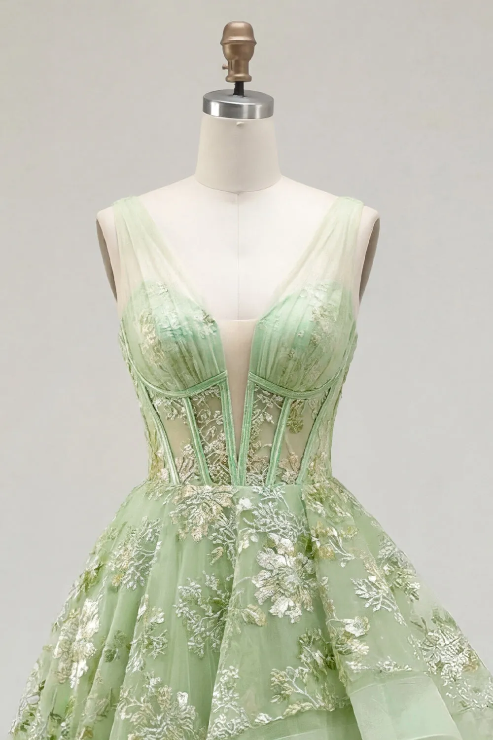 Green A-Line Corset V-Neck Appliqued Long Prom Dress with Ruffles sold by Zapaka product image thumbnail 5