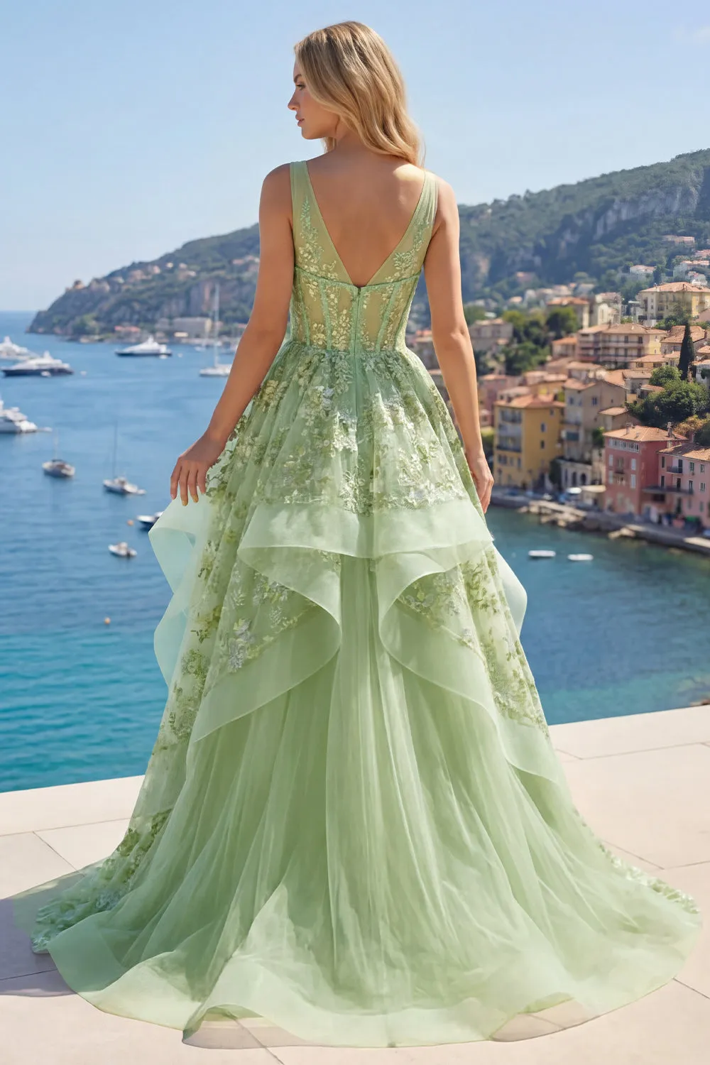 Green A-Line Corset V-Neck Appliqued Long Prom Dress with Ruffles sold by Zapaka product image thumbnail 4