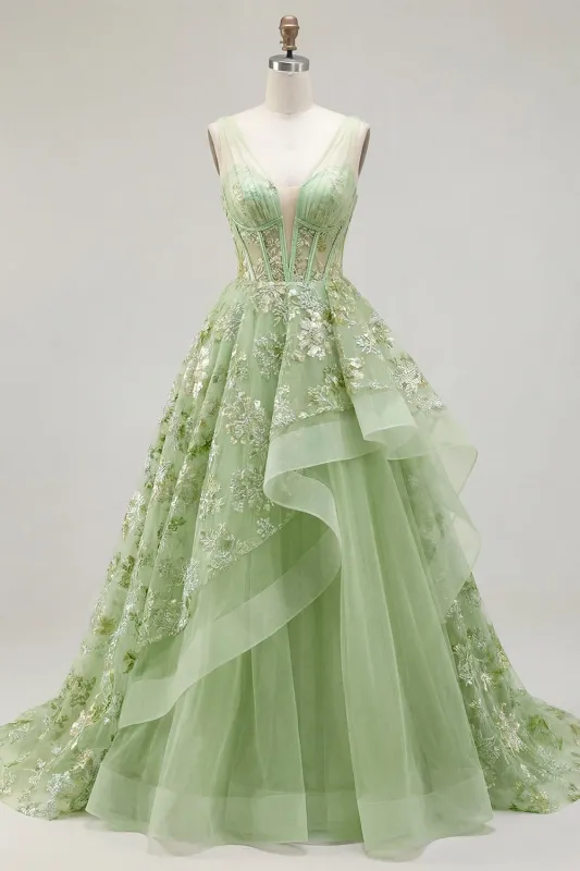 Green A-Line Corset V-Neck Appliqued Long Prom Dress with Ruffles made by Zapaka
