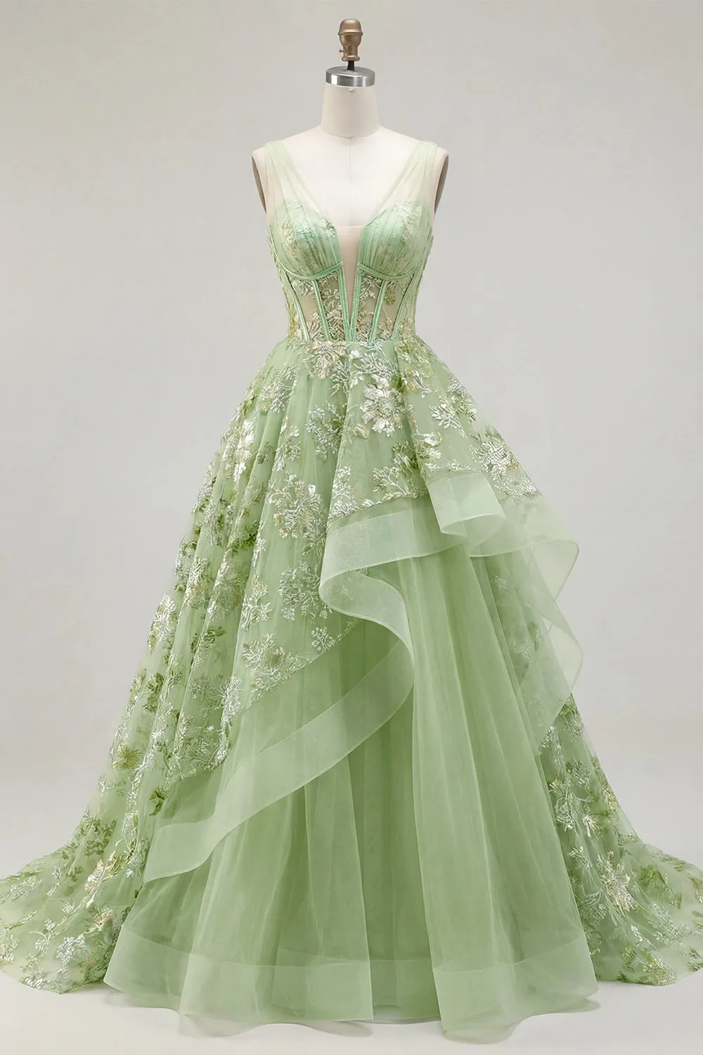 Green A-Line Corset V-Neck Appliqued Long Prom Dress with Ruffles sold by Zapaka