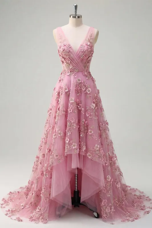 Pearl Embellished A-Line V-Neck Taro Long Prom Dress with Appliqued 3D Flowers made by Zapaka