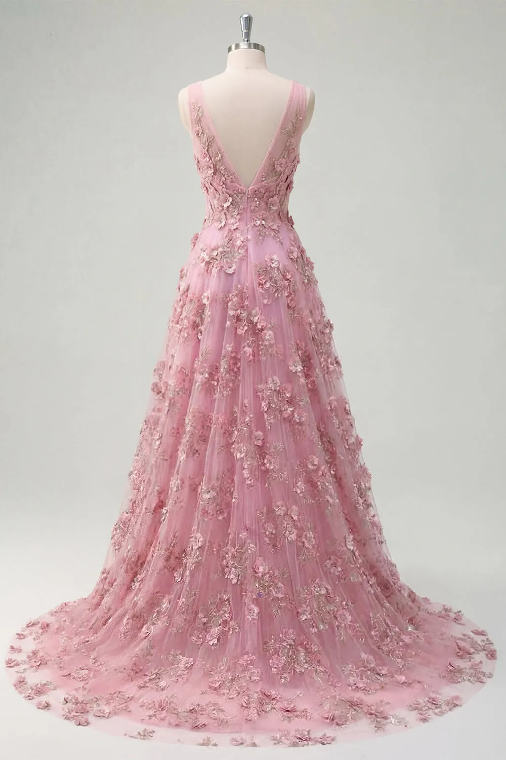 Pearl Embellished A-Line V-Neck Taro Long Prom Dress with Appliqued 3D Flowers sold by Zapaka product image thumbnail 2