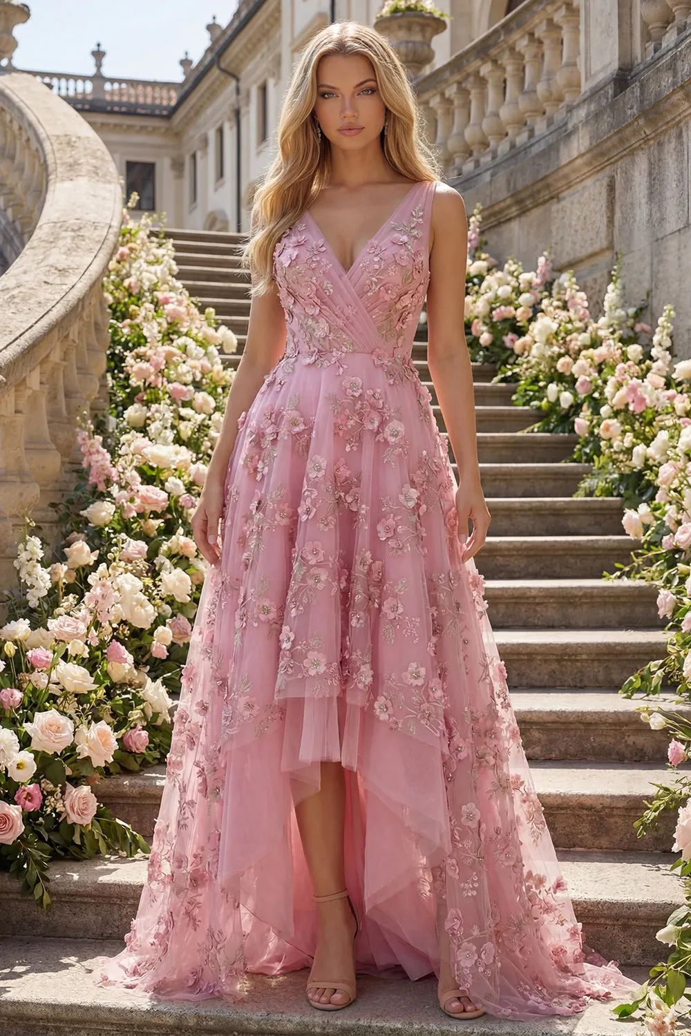Pearl Embellished A-Line V-Neck Taro Long Prom Dress with Appliqued 3D Flowers sold by Zapaka product image thumbnail 3