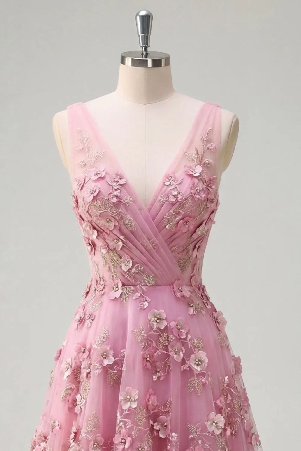 Pearl Embellished A-Line V-Neck Taro Long Prom Dress with Appliqued 3D Flowers sold by Zapaka product image thumbnail 5