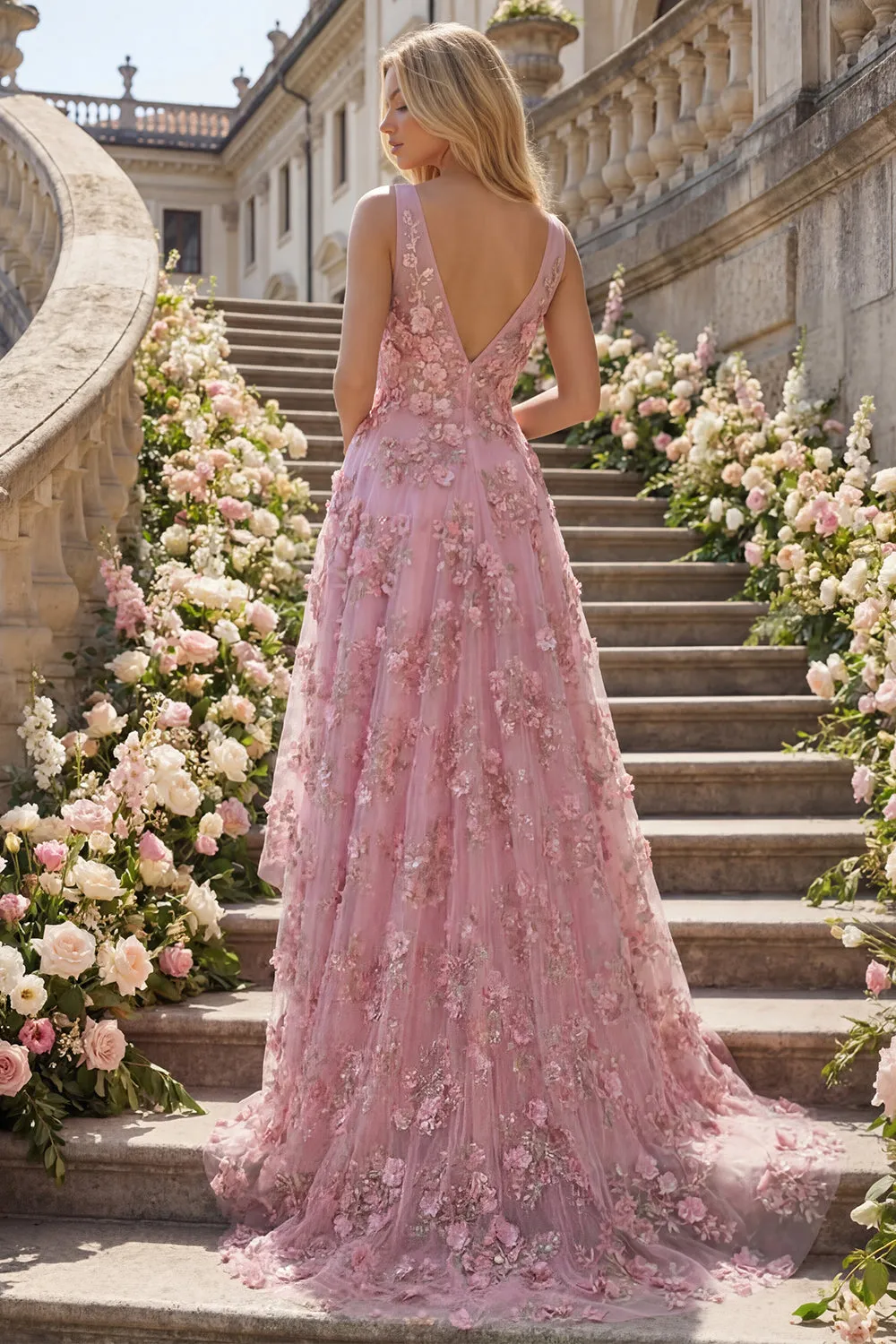 Pearl Embellished A-Line V-Neck Taro Long Prom Dress with Appliqued 3D Flowers sold by Zapaka product image thumbnail 4