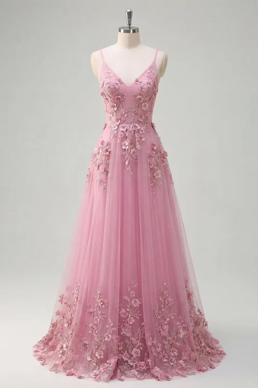 Taro A-Line Spaghetti Straps Long Prom Dress with Appliqued 3D Flowers made by Zapaka