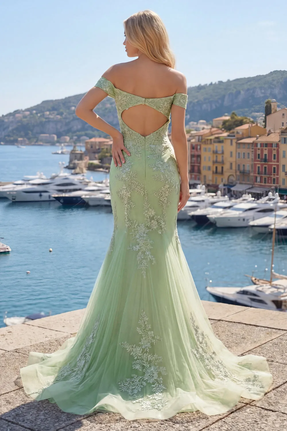 Mermaid Green Off the Shoulder Corset Appliqued Long Prom Dress sold by Zapaka product image thumbnail 4
