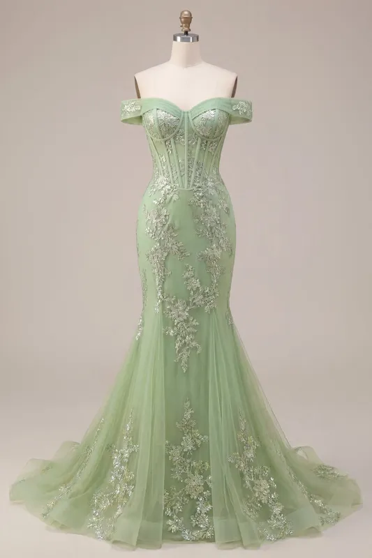 Mermaid Green Off the Shoulder Corset Appliqued Long Prom Dress made by Zapaka