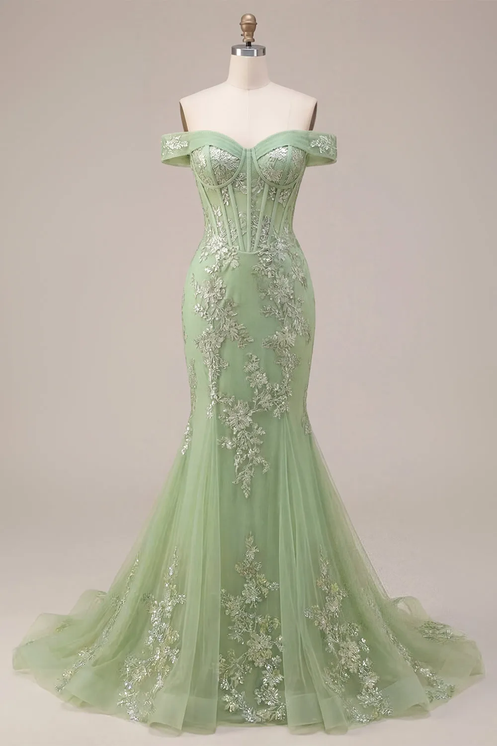 Mermaid Green Off the Shoulder Corset Appliqued Long Prom Dress sold by Zapaka
