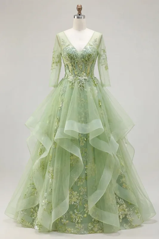 Green A-Line Corset V-Neck Appliqued Long Prom Dress with Ruffles made by Zapaka