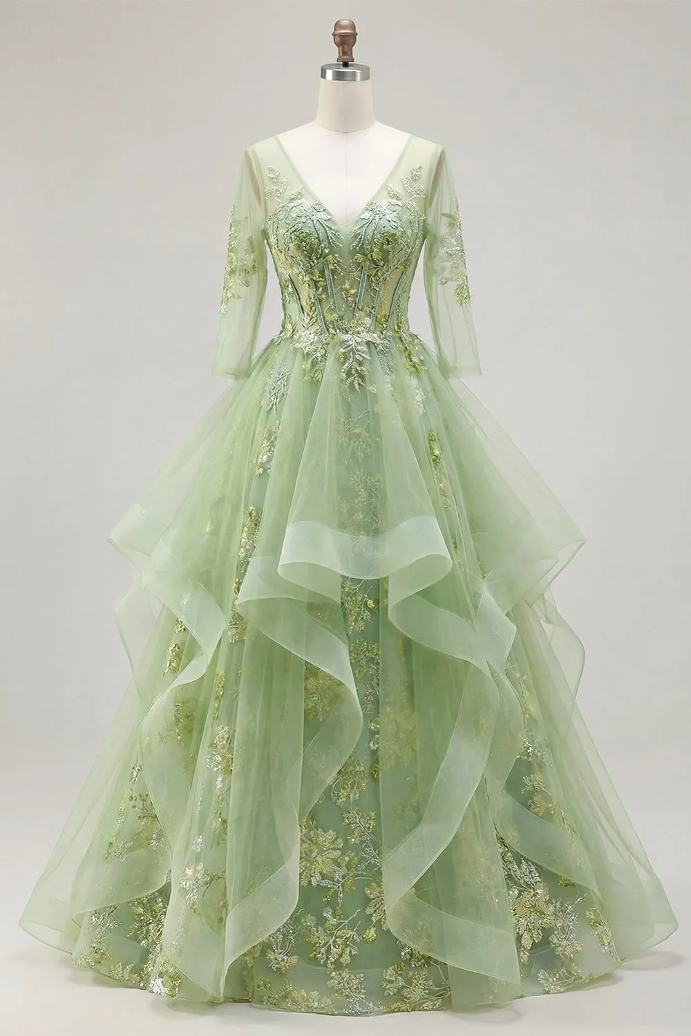 Green A-Line Corset V-Neck Appliqued Long Prom Dress with Ruffles sold by Zapaka