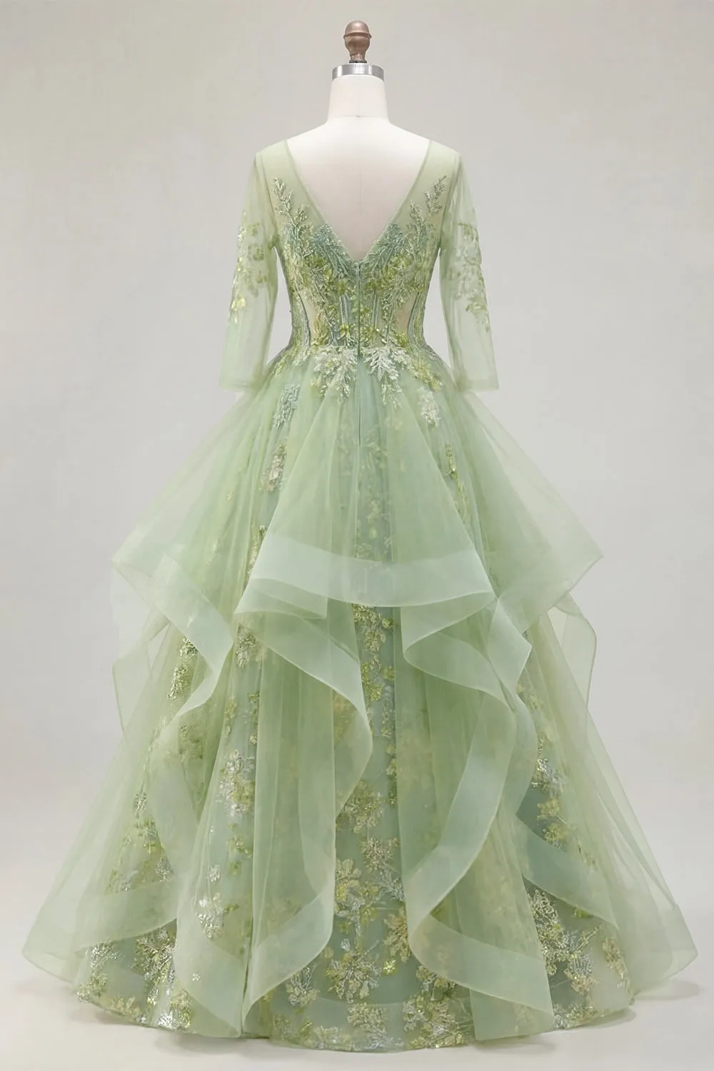 Green A-Line Corset V-Neck Appliqued Long Prom Dress with Ruffles sold by Zapaka product image thumbnail 2