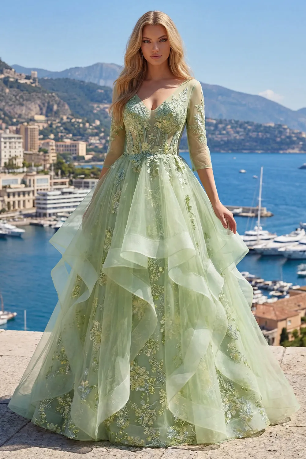 Green A-Line Corset V-Neck Appliqued Long Prom Dress with Ruffles sold by Zapaka product image thumbnail 3