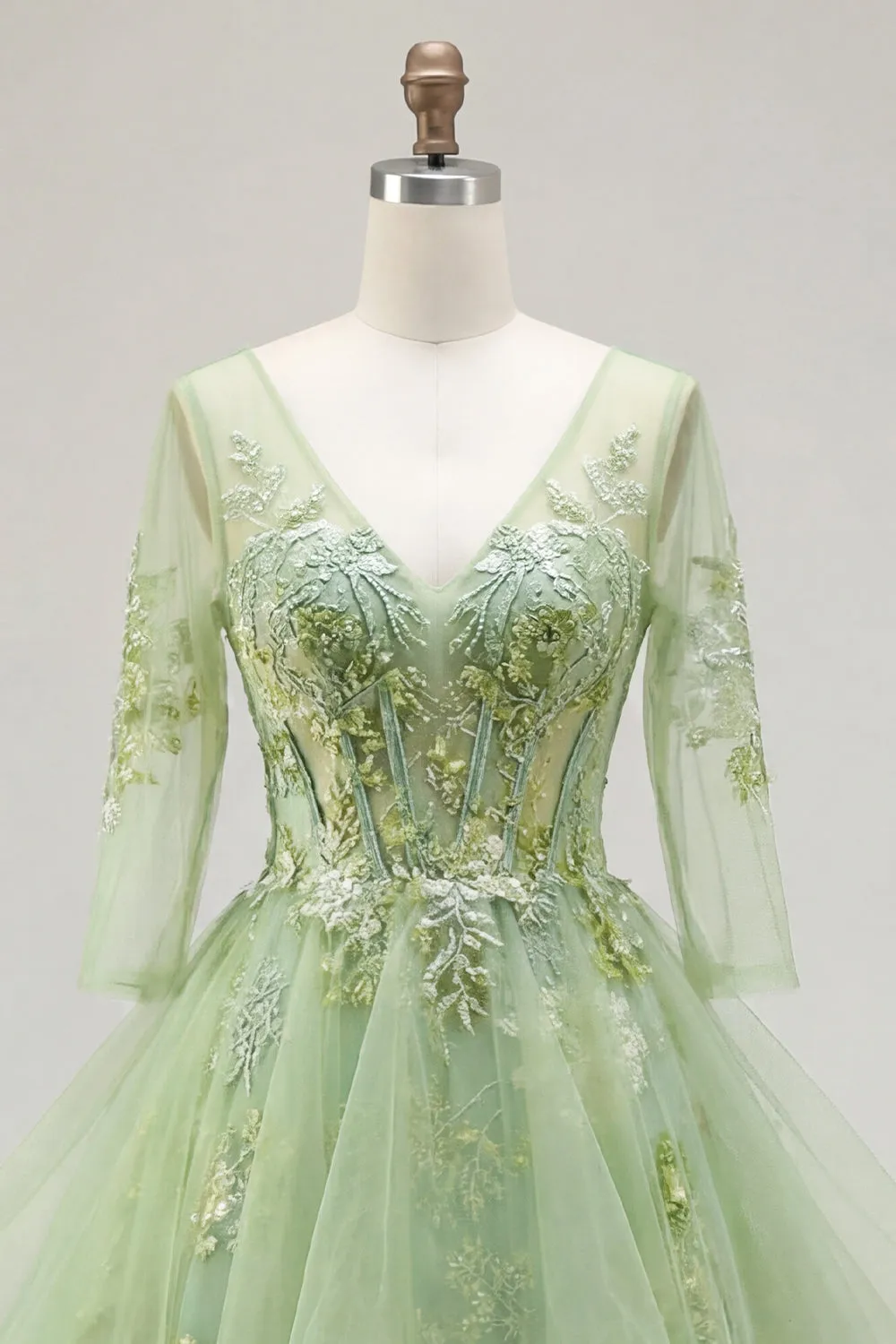 Green A-Line Corset V-Neck Appliqued Long Prom Dress with Ruffles sold by Zapaka product image thumbnail 5