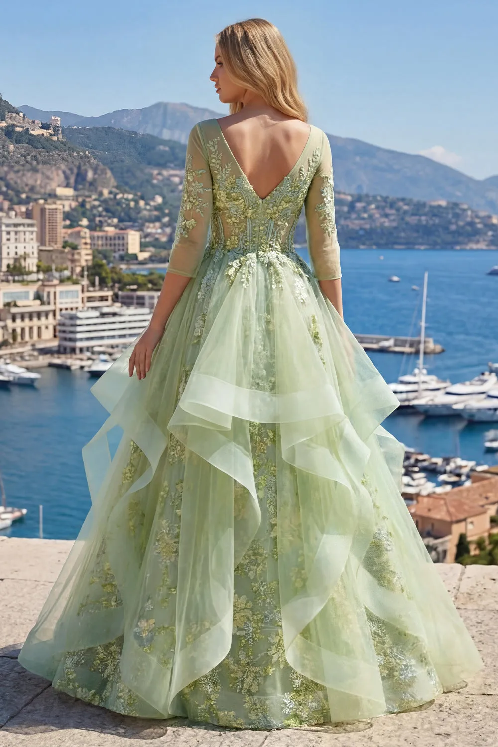 Green A-Line Corset V-Neck Appliqued Long Prom Dress with Ruffles sold by Zapaka product image thumbnail 4