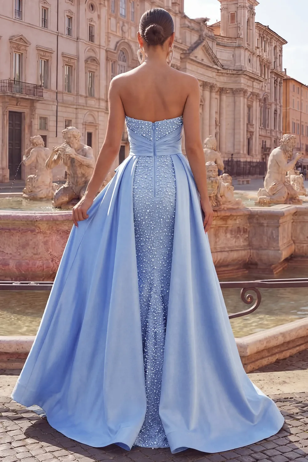 Blue Satin Mermaid Sweetheart Ruched Pearl Embellished Long Prom Dress with Beading sold by Zapaka product image thumbnail 2