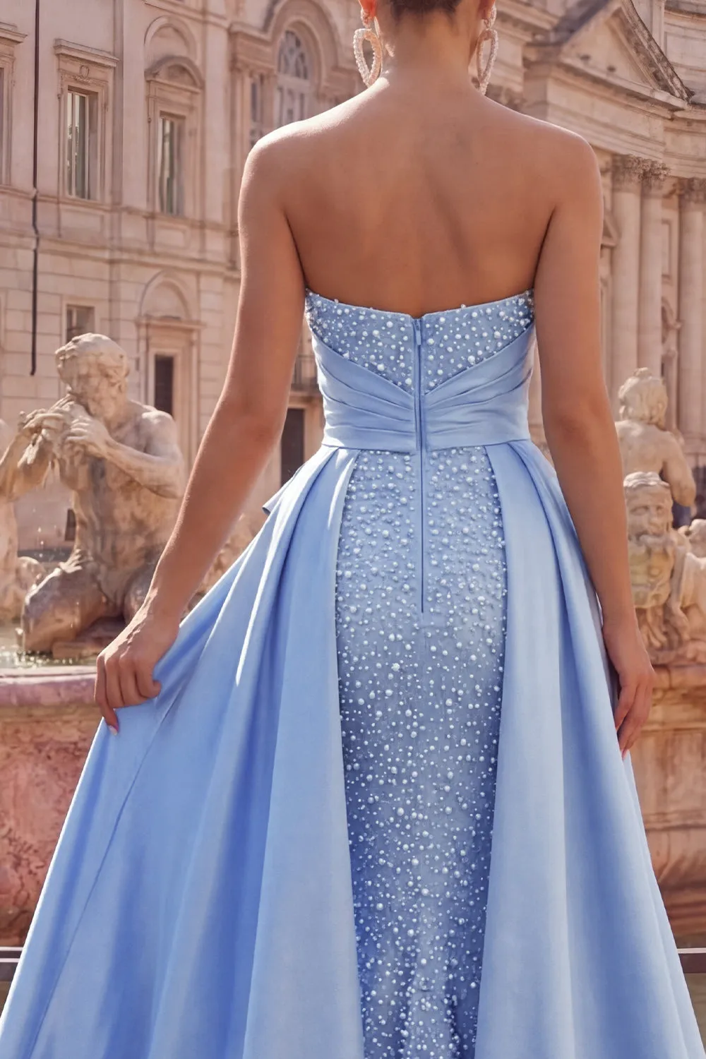 Blue Satin Mermaid Sweetheart Ruched Pearl Embellished Long Prom Dress with Beading sold by Zapaka product image thumbnail 4