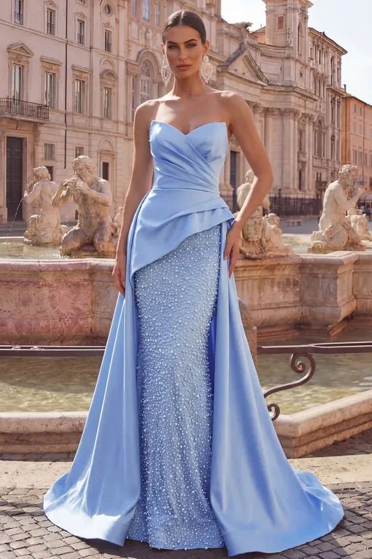 Blue Satin Mermaid Sweetheart Ruched Pearl Embellished Long Prom Dress with Beading made by Zapaka