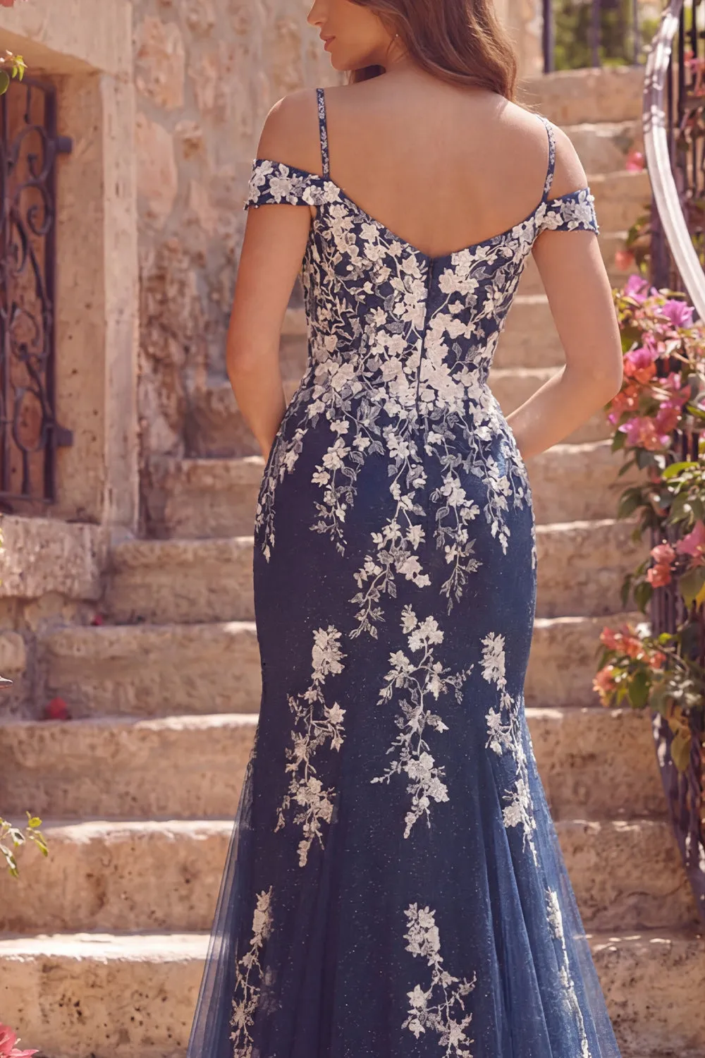 Navy Mermaid Cold Shoulder Tulle Floral Long Prom Dress with Appliques sold by Zapaka product image thumbnail 4