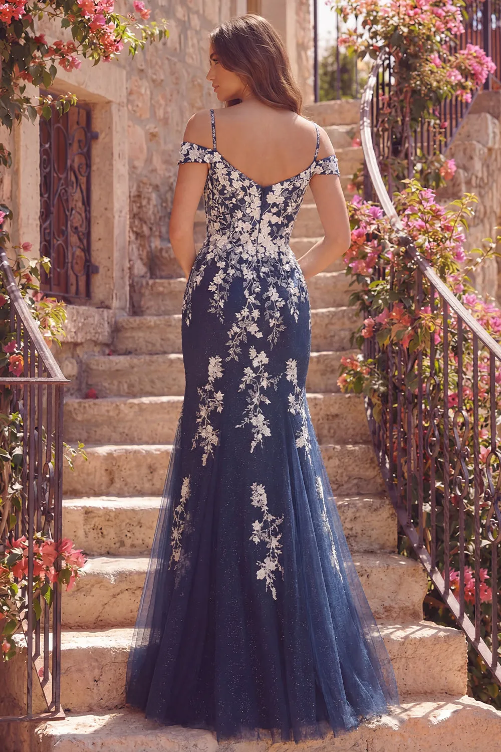 Navy Mermaid Cold Shoulder Tulle Floral Long Prom Dress with Appliques sold by Zapaka product image thumbnail 2