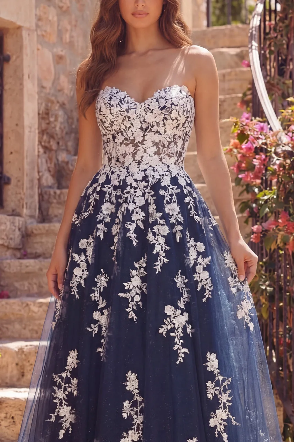 Navy A-Line Sweetheart Floral Tulle Long Prom Dress sold by Zapaka product image thumbnail 3