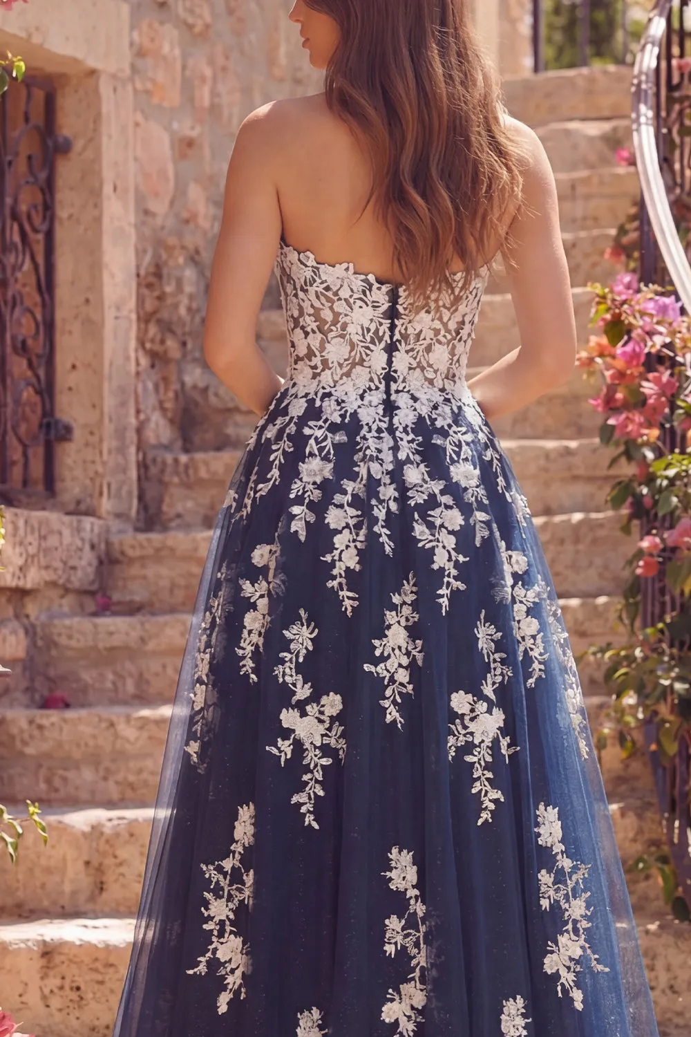 Navy A-Line Sweetheart Floral Tulle Long Prom Dress sold by Zapaka product image thumbnail 4