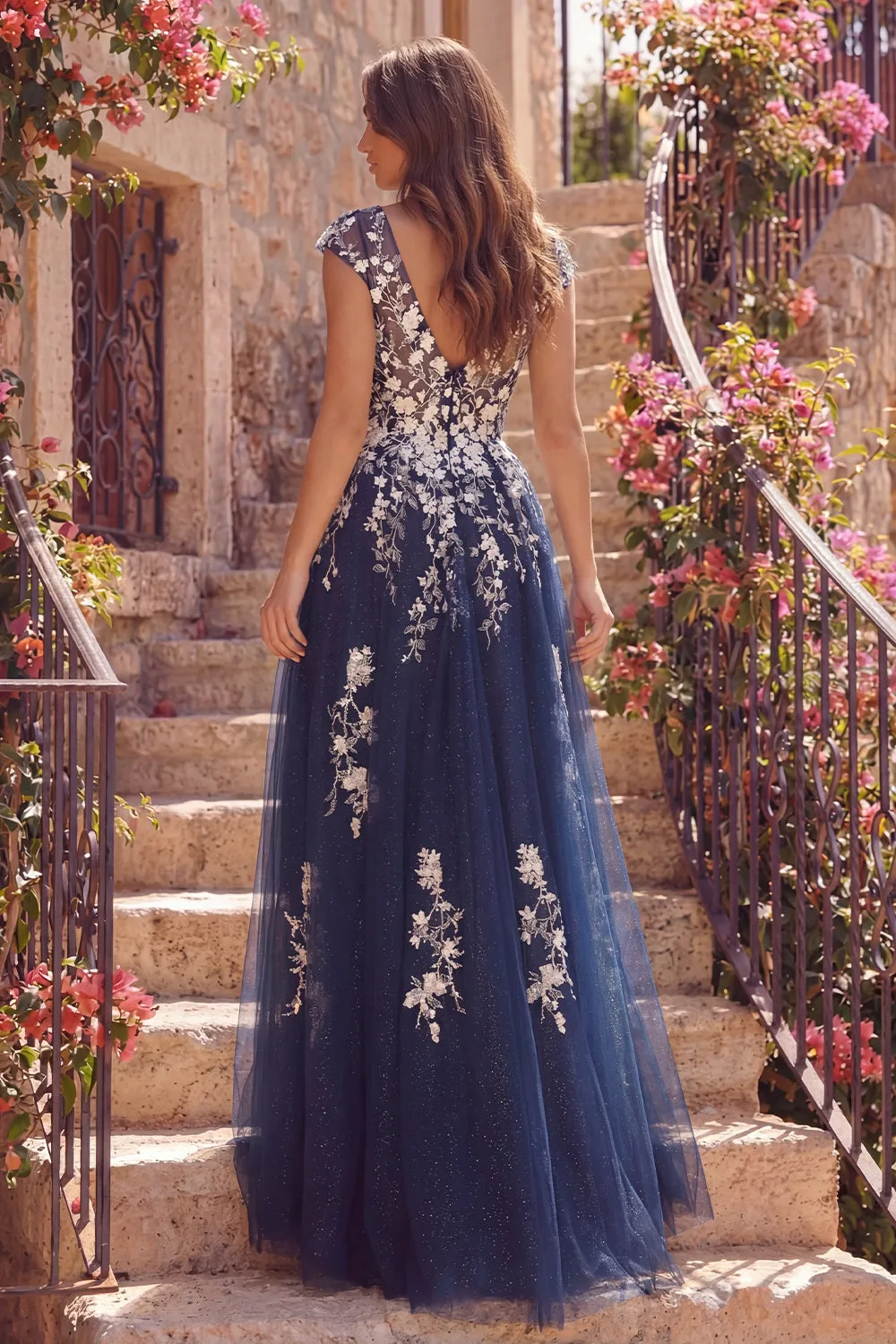 Tulle Navy A-Line V-Neck Floral Long Prom Dress with Slit sold by Zapaka product image thumbnail 2