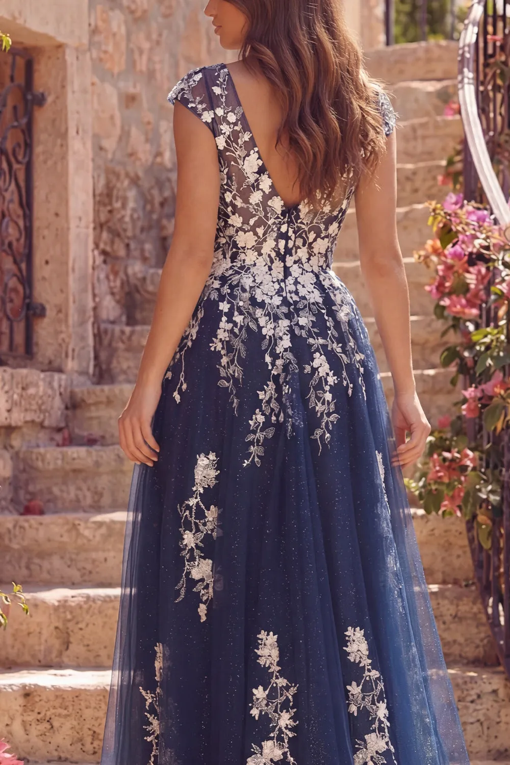 Tulle Navy A-Line V-Neck Floral Long Prom Dress with Slit sold by Zapaka product image thumbnail 4