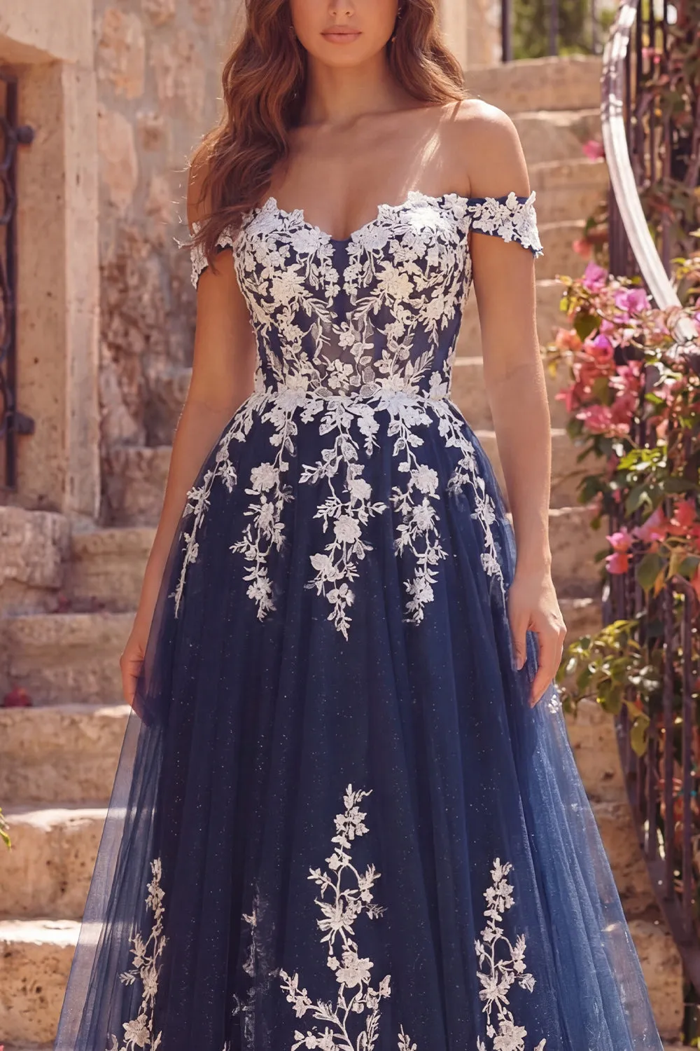 Navy Off the Shoulder A-Line Tulle Floral Long Prom Dress sold by Zapaka product image thumbnail 3