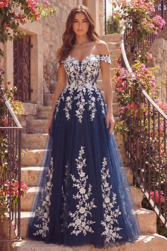 Navy Off the Shoulder A-Line Tulle Floral Long Prom Dress made by Zapaka
