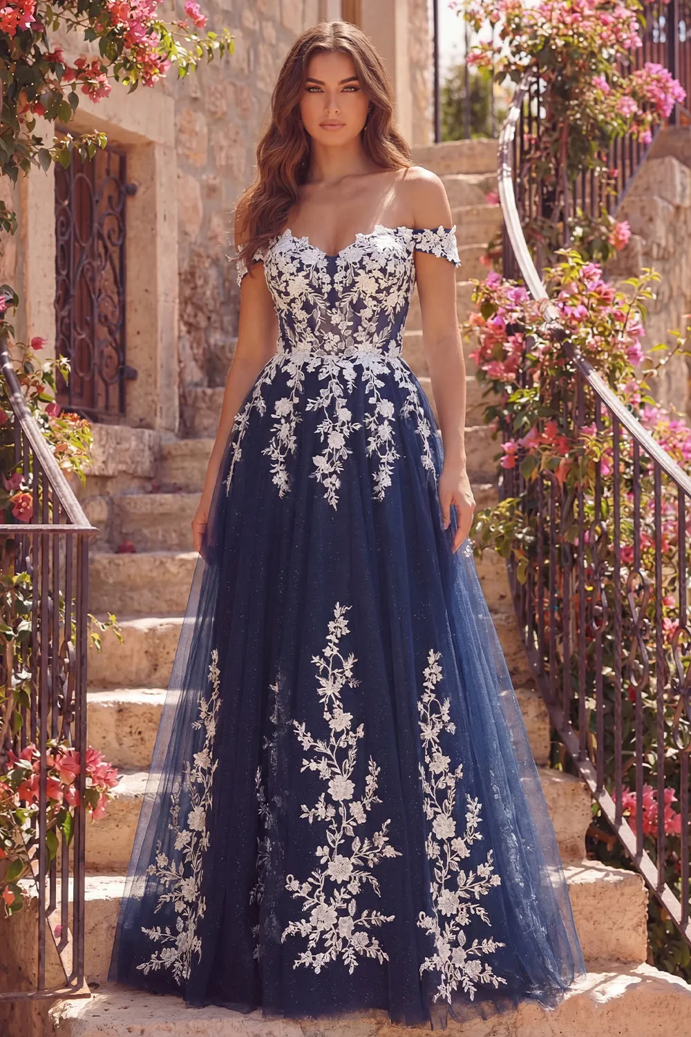 Navy Off the Shoulder A-Line Tulle Floral Long Prom Dress sold by Zapaka
