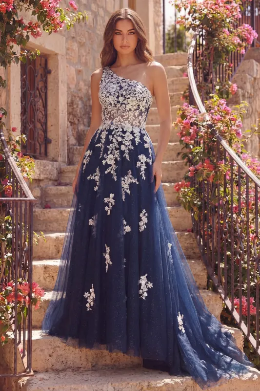 One Shoulder A-Line Tulle Corset Navy Floral Long Prom Dress with Appliques made by Zapaka