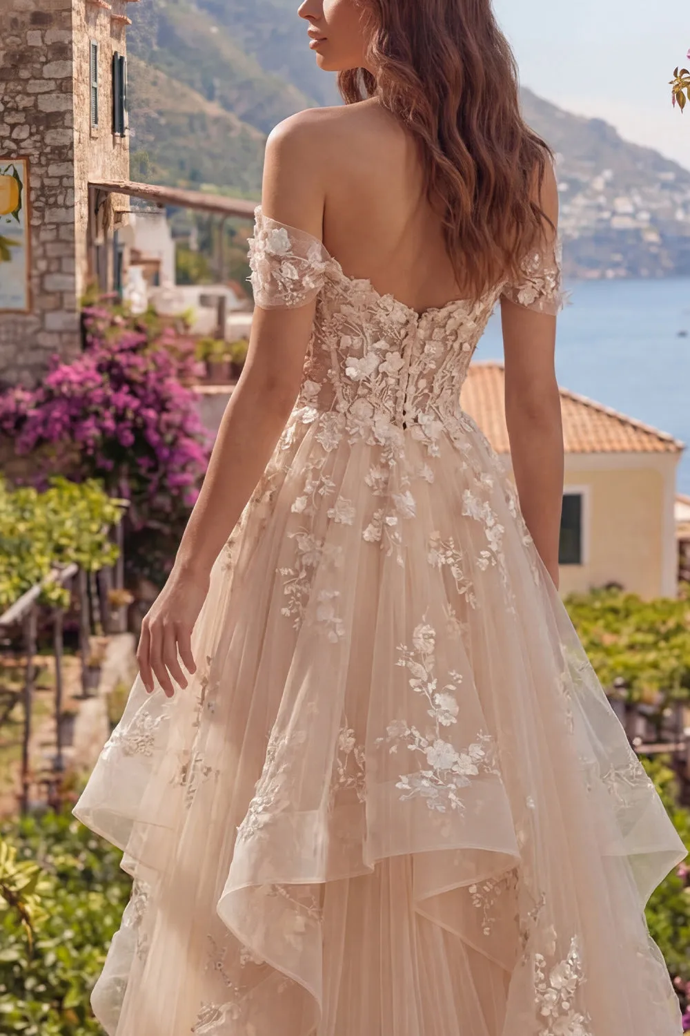 Champagne A-Line Off the Shoulder Floral Corset Long Prom Dress with Ruffles sold by Zapaka product image thumbnail 4