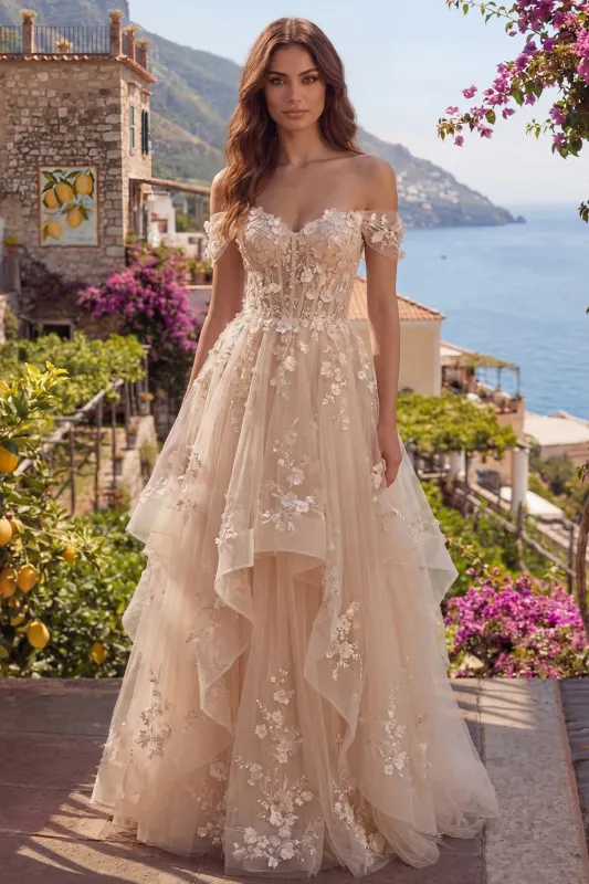 Champagne A-Line Off the Shoulder Floral Corset Long Prom Dress with Ruffles made by Zapaka